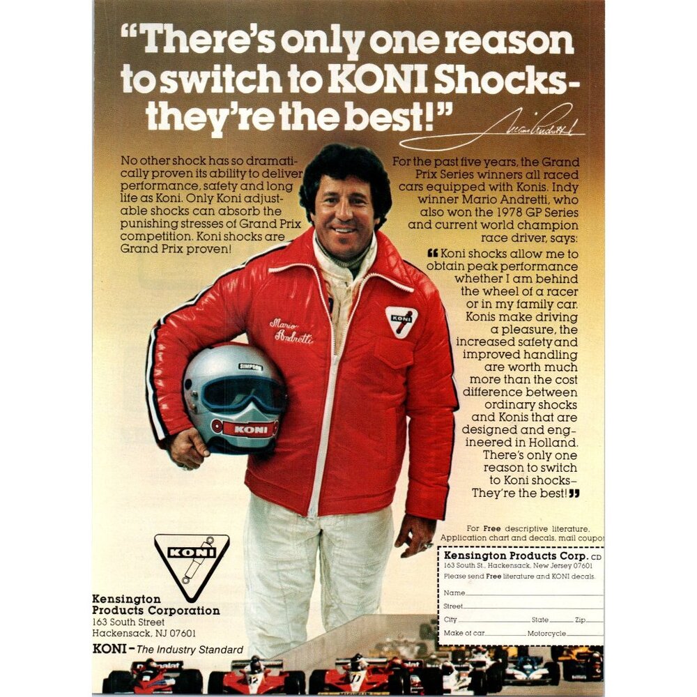 1979 Koni Shocks Shock Absorbers Vintage Print Ad Mario Andretti 70s Wall Art